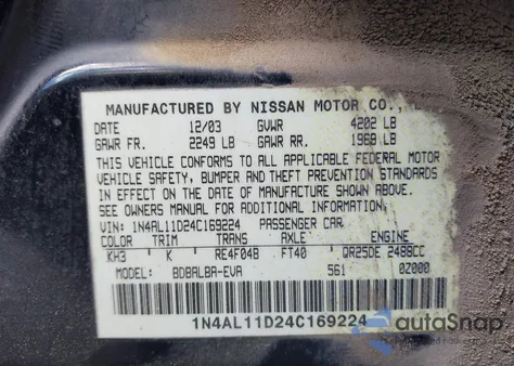 2004 Nissan Altima 2.5 S z USA, uszkodzony, nr VIN 1N4AL11D24C169224